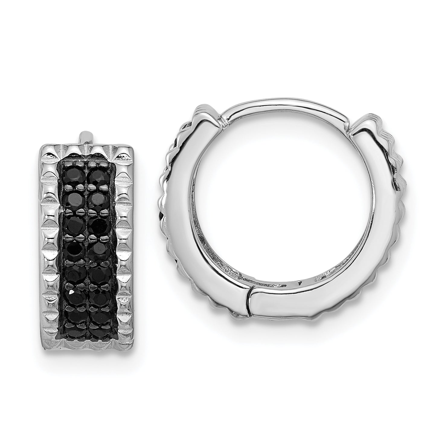Sterling Silver RH-pltd Polished/Studded Black Spinel Hinged Hoop Earrings Main image