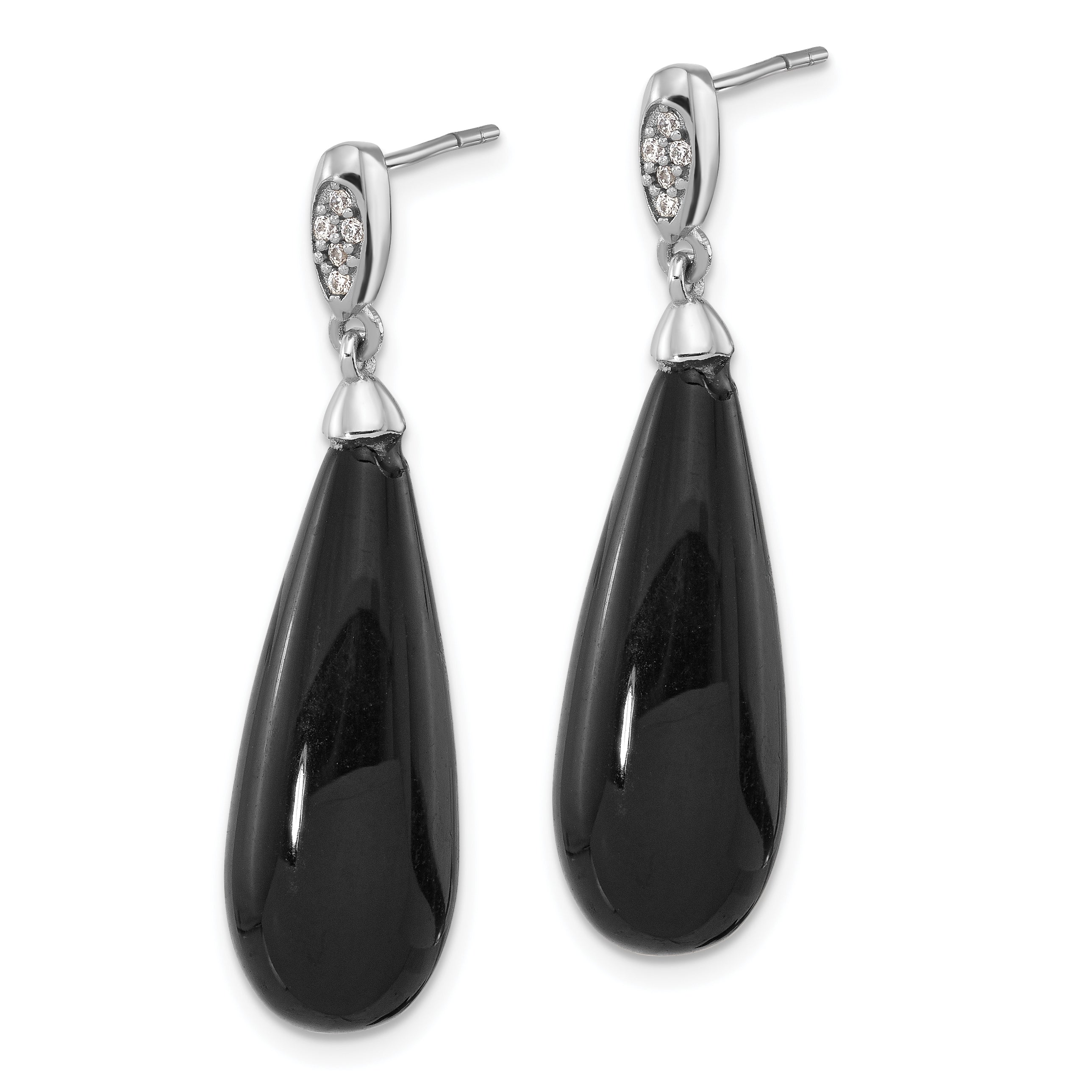 Sterling Silver RH-plated Polished CZ & Onyx Teardrop Post Dangle Earrings Secondary image