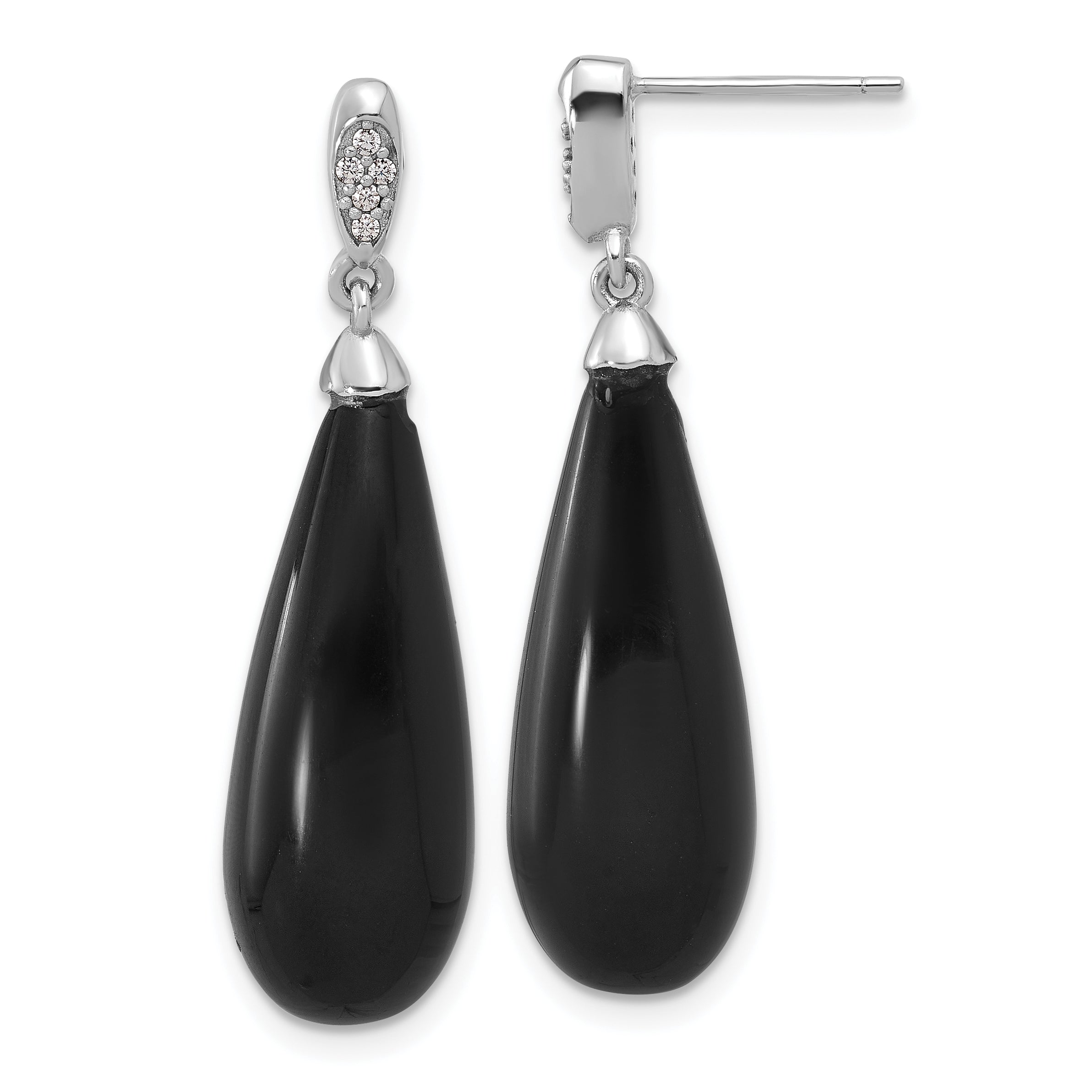 Sterling Silver RH-plated Polished CZ & Onyx Teardrop Post Dangle Earrings Main image