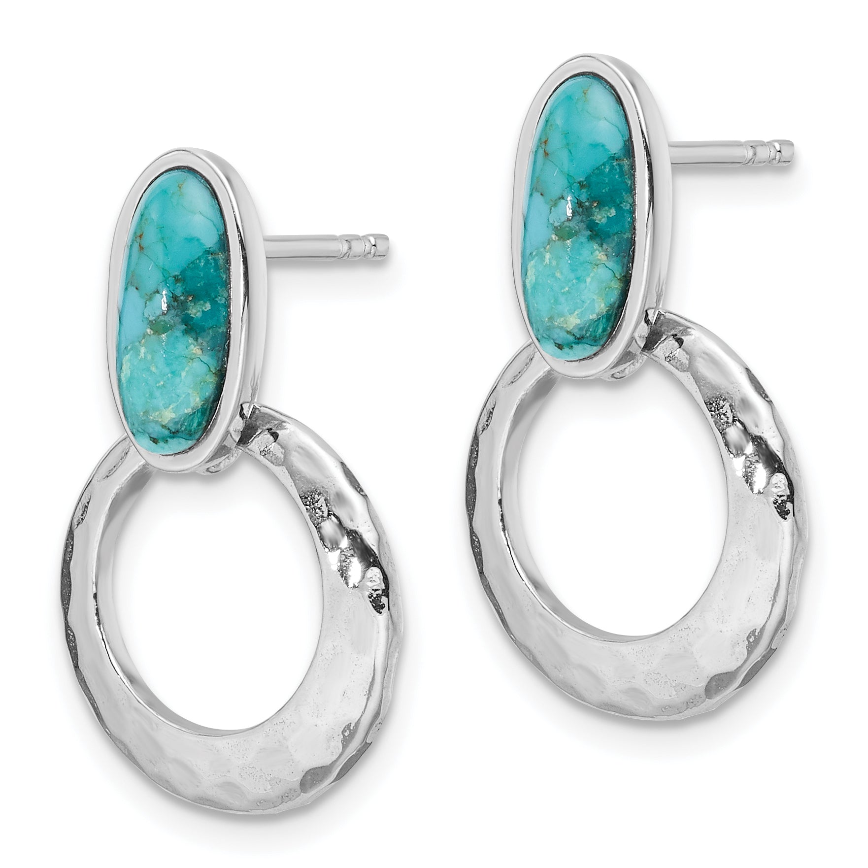 Sterling Silver Rhodium-plated Polished & Hammered Reconstituted Turquoise Post Dangle Earrings Secondary image