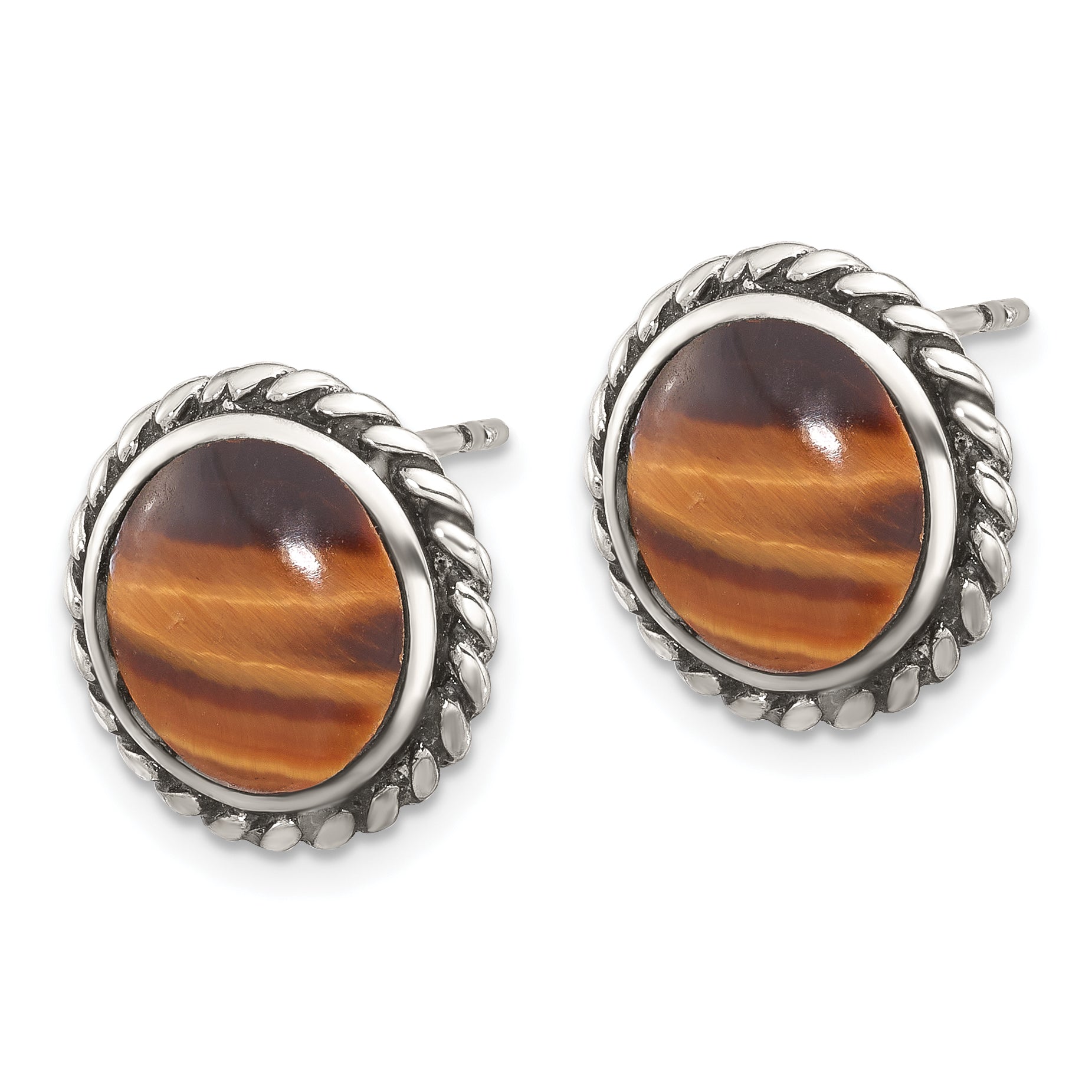 Sterling Silver Polished & Oxidized Twisted Edge Tiger's Eye Post Earrings Secondary image
