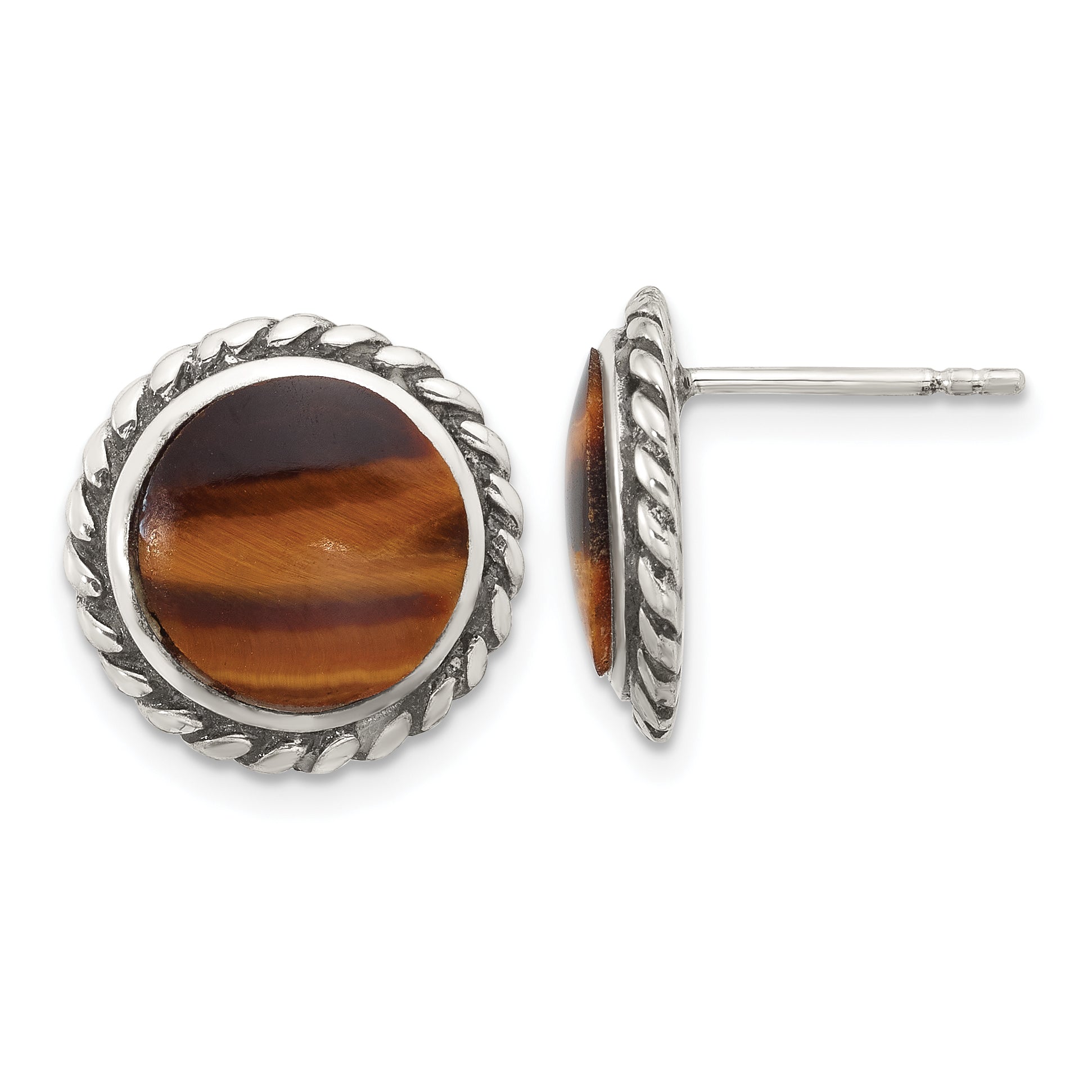 Sterling Silver Polished & Oxidized Twisted Edge Tiger's Eye Post Earrings Main image
