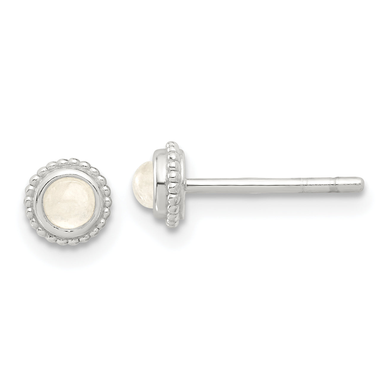 Sterling Silver E-coated Polished Beaded Round Moonstone Post Earrings