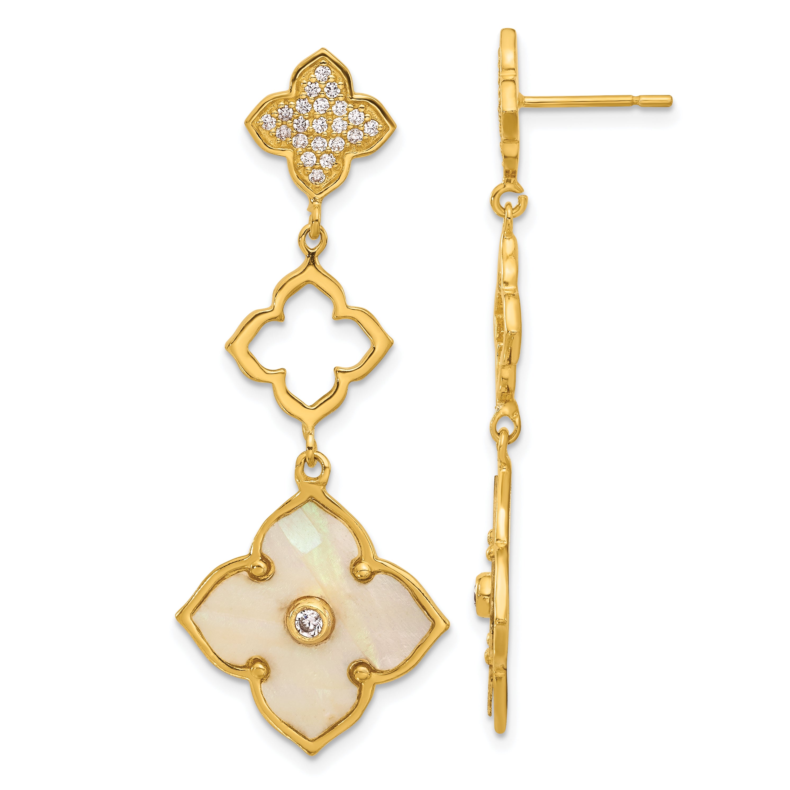 Sterling Silver Gold-tone Polished MOP & CZ Floral Post Dangle Earrings Main image