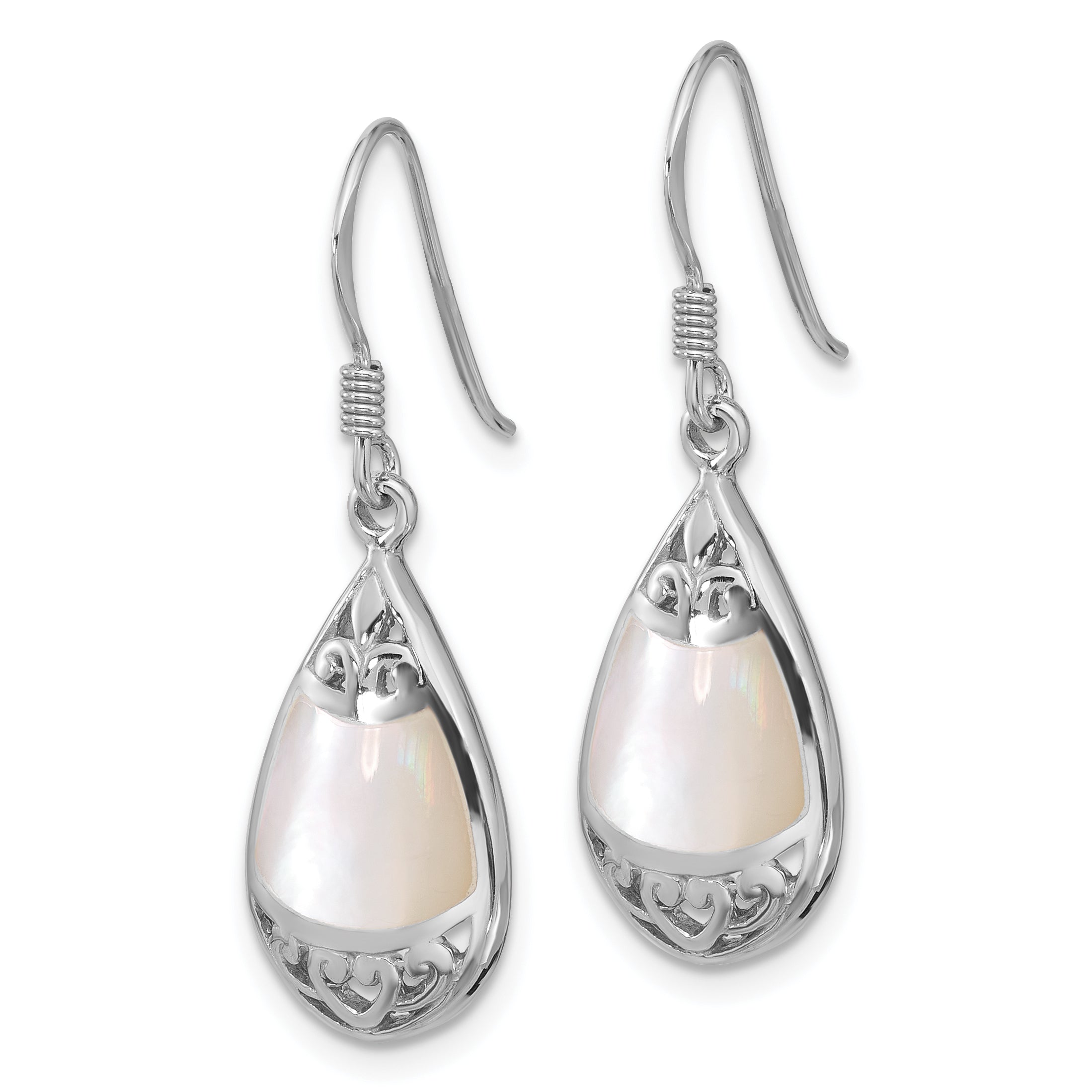 Sterling Silver RH-plated Polished MOP Filigree Teardrop Dangle Earrings Secondary image