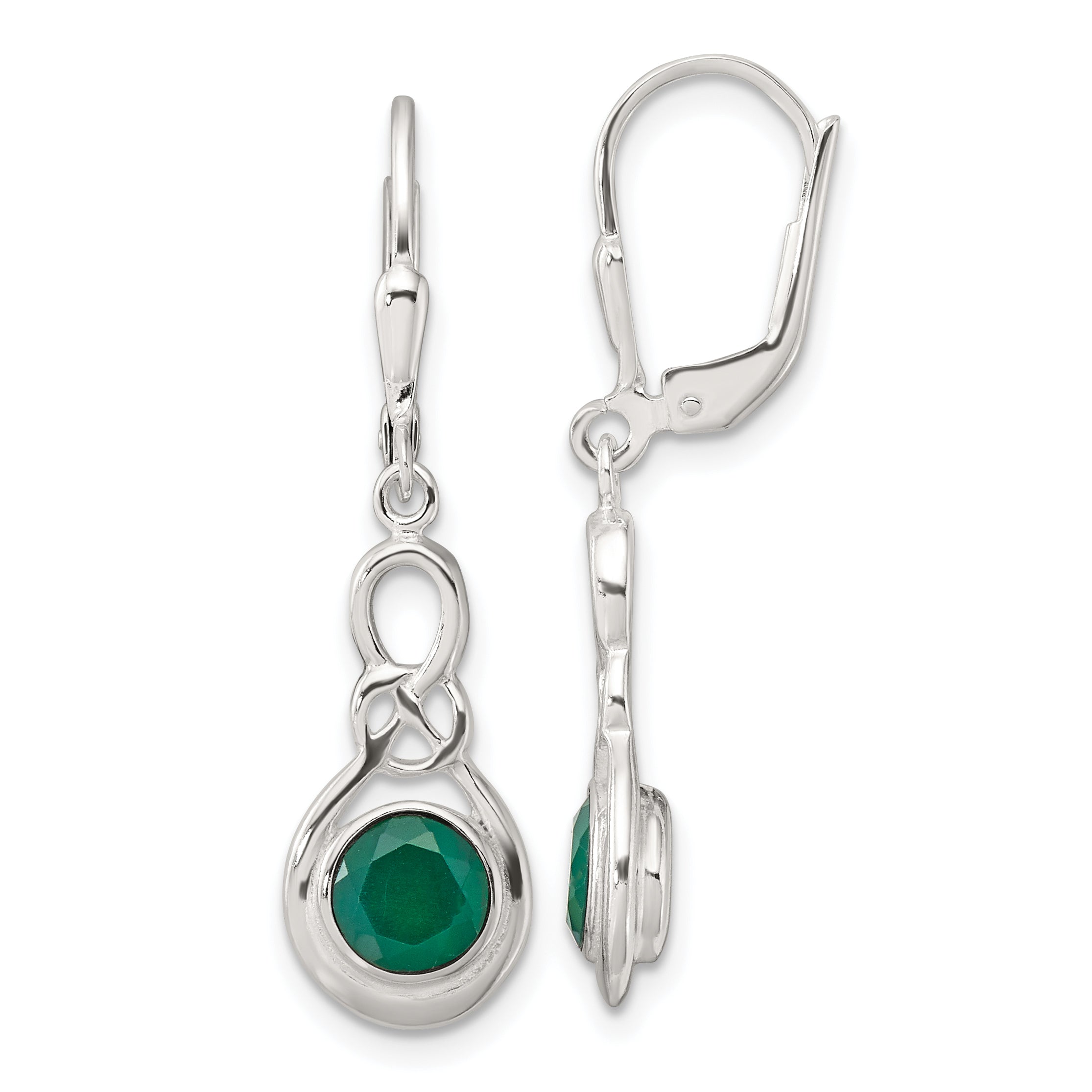 Sterling Silver Polished Green Onyx Knot Leverback Dangle Earrings Main image