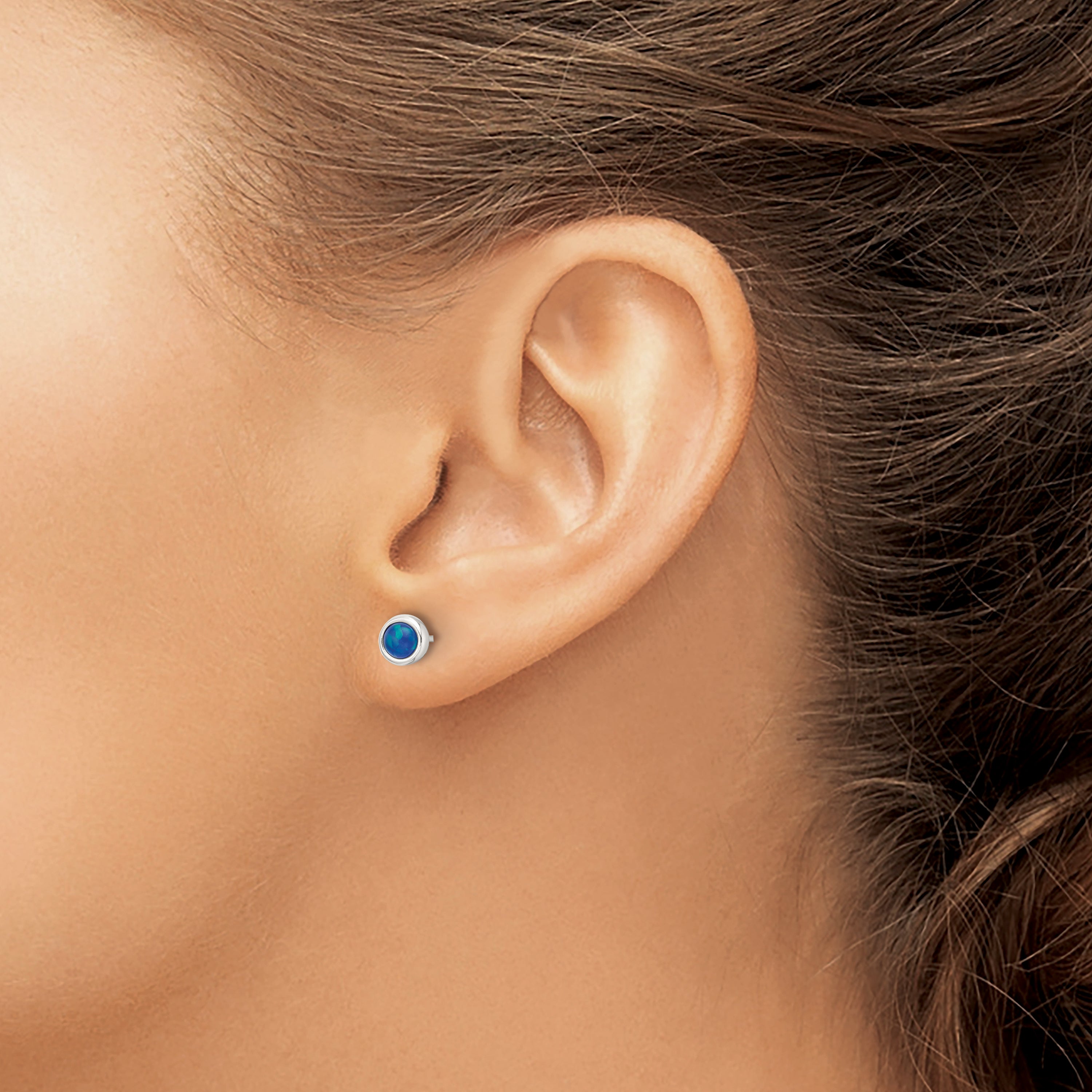 Sterling Silver Polished Blue Cabochon Opal Bezel Stud Earrings