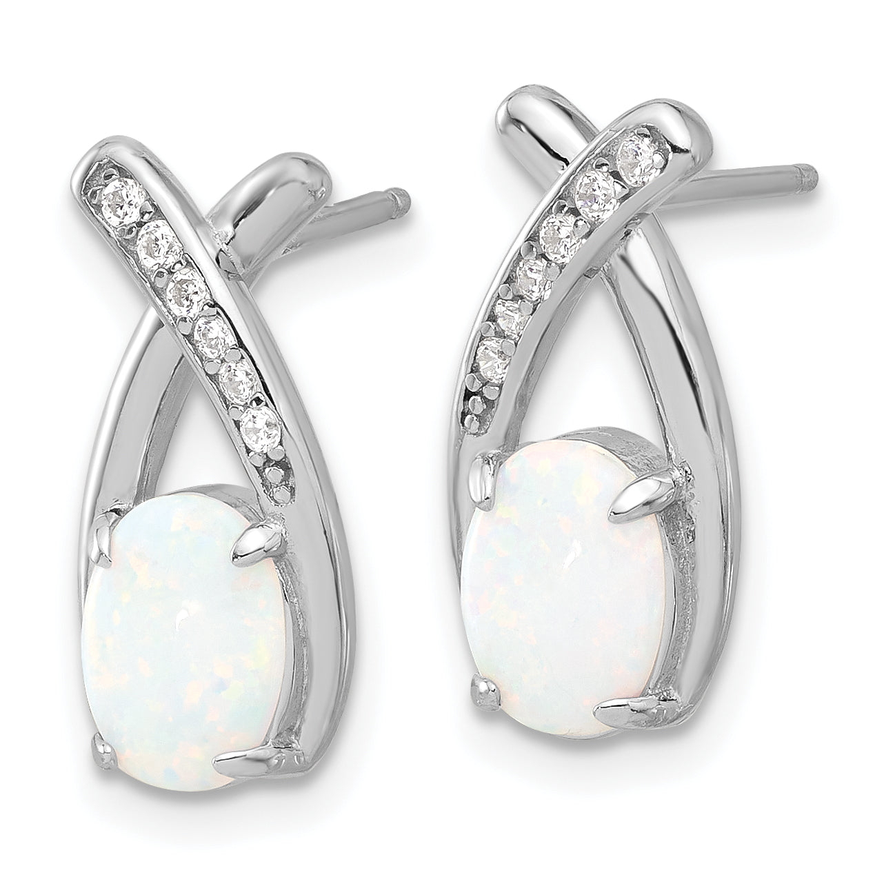 Sterling Silver Rhodium-plated Polished CZ & Created Opal 'X' Post Earrings Secondary image