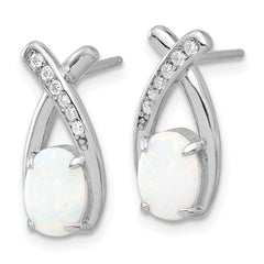 Sterling Silver Rhodium-plated Polished CZ & Created Opal 'X' Post Earrings