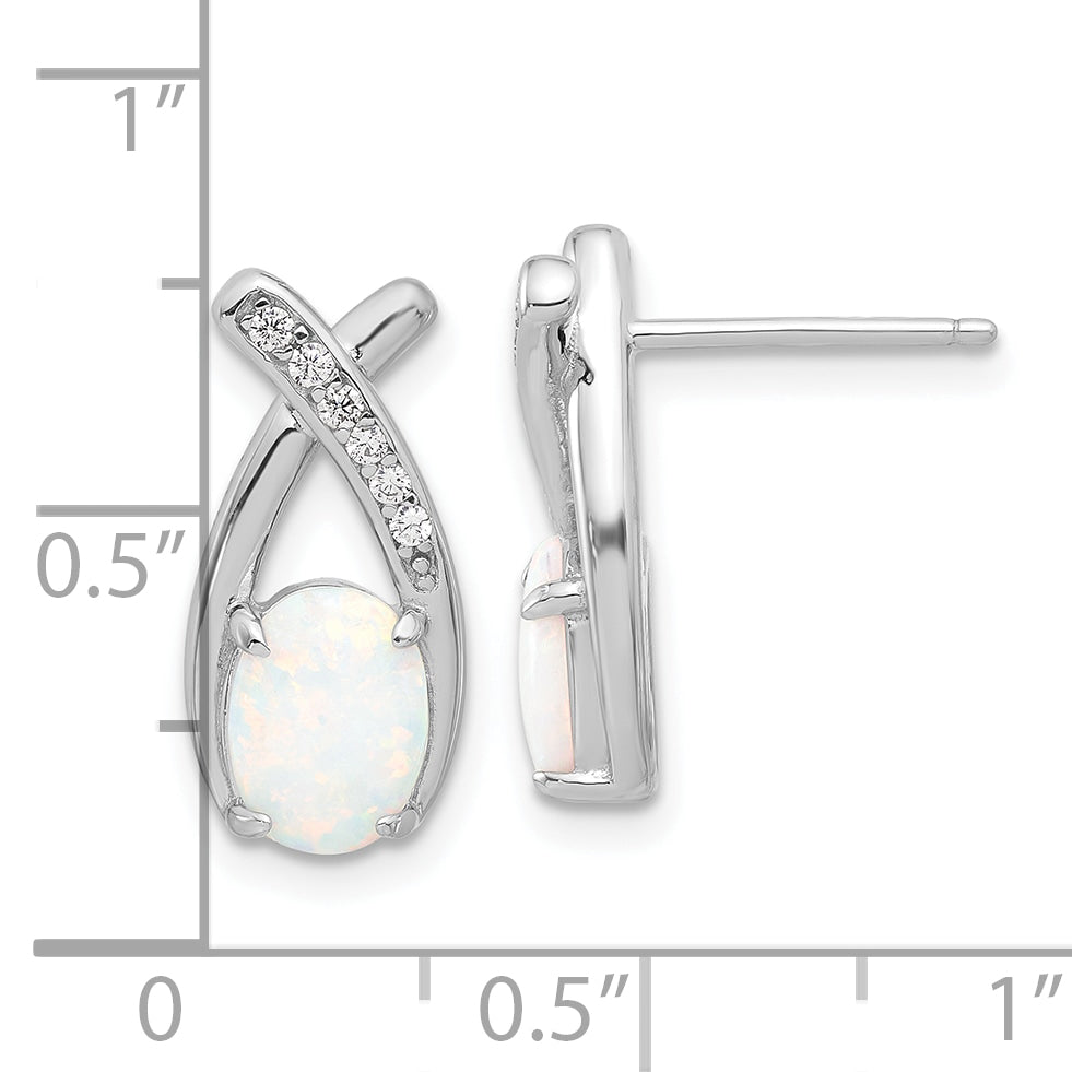 Sterling Silver Rhodium-plated Polished CZ & Created Opal 'X' Post Earrings