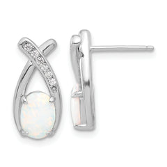 Sterling Silver Rhodium-plated Polished CZ & Created Opal 'X' Post Earrings
