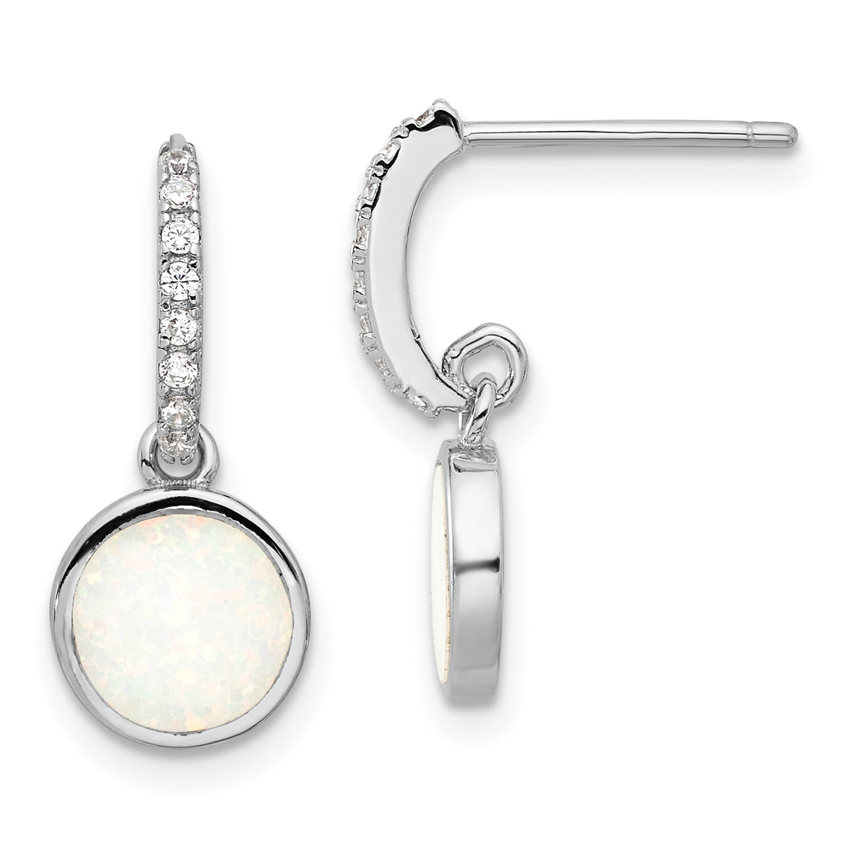 Sterling Silver RH-plated Polished CZ & Created Opal Post Dangle Earrings