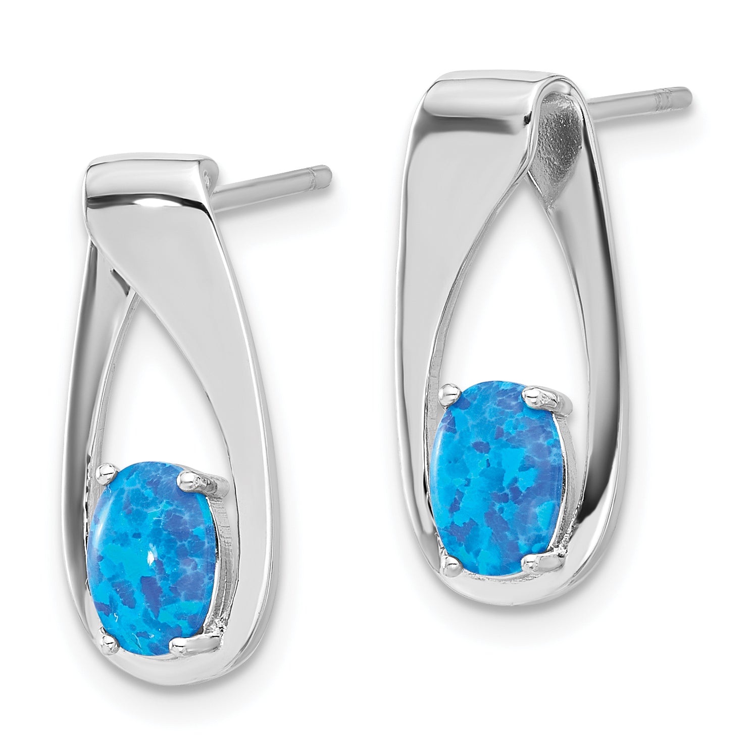 Sterling Silver Rhod-plated Polished Blue Created Opal Oval Post Earrings Secondary image