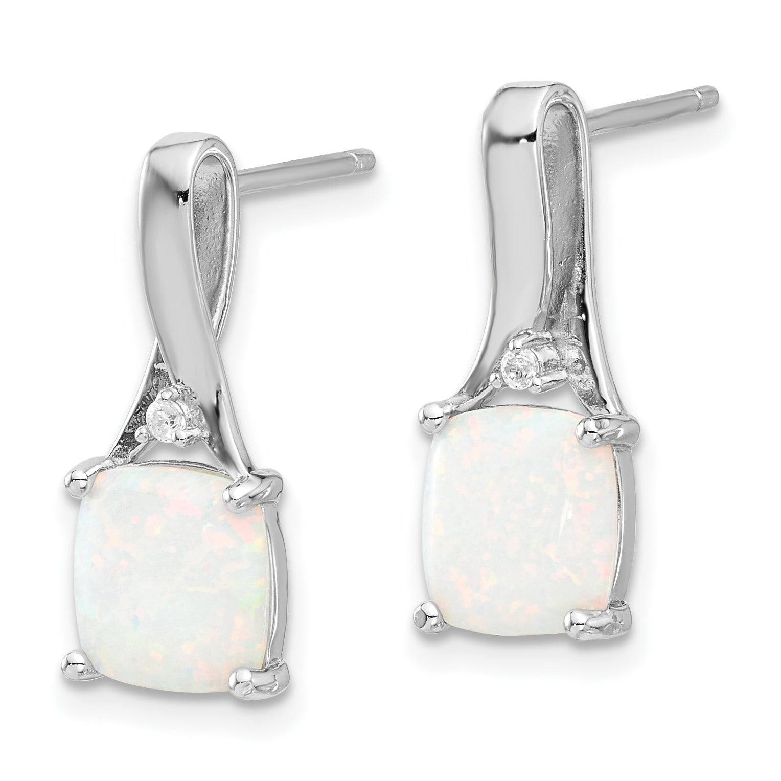 Sterling Silver Rhodium-plated Polished CZ & Created Opal Post Earrings Secondary image