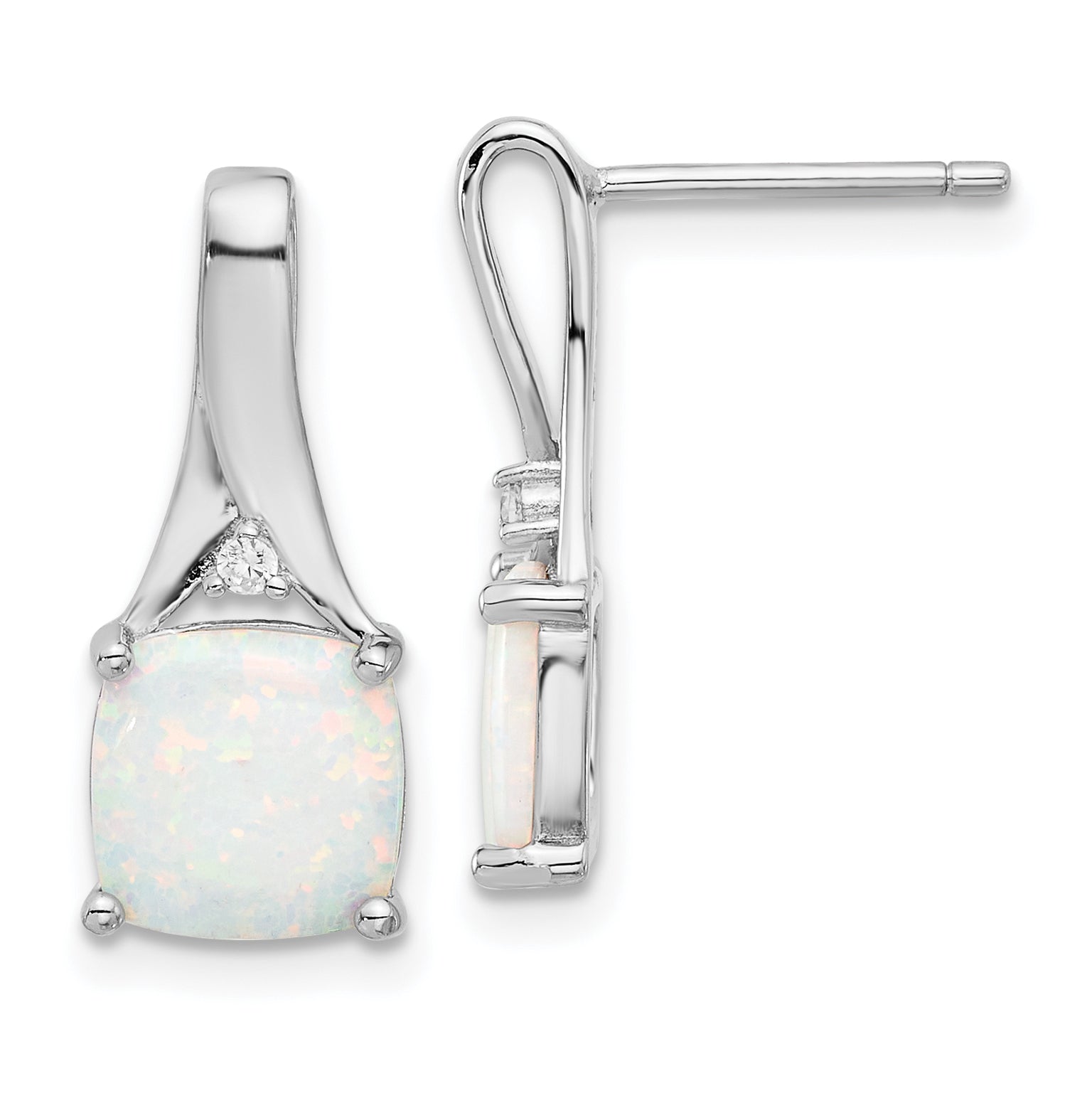 Sterling Silver Rhodium-plated Polished CZ & Created Opal Post Earrings Main image