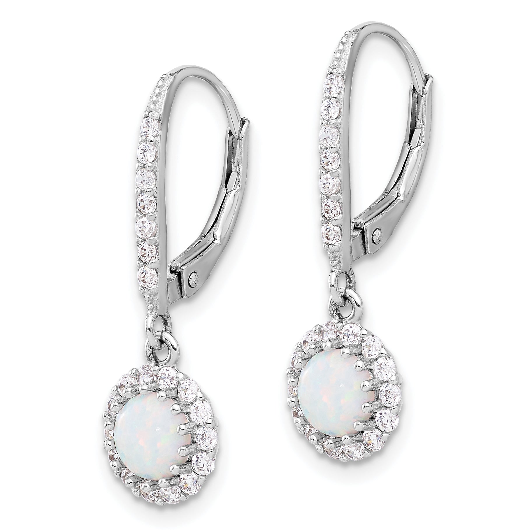 Sterling Silver RH-plated CZ & Cr. Opal Halo Dangle Leverback Earrings Secondary image