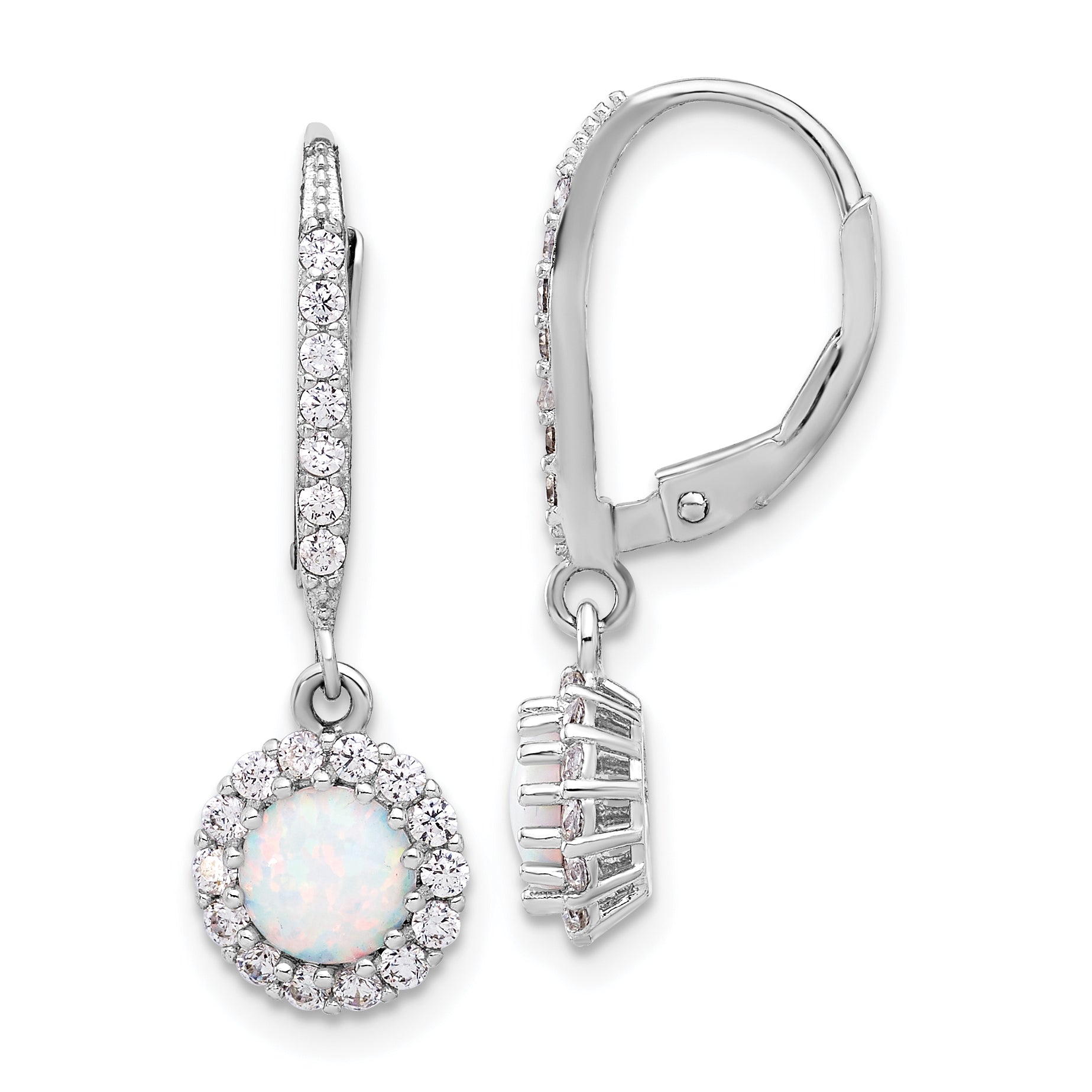 Sterling Silver RH-plated CZ & Cr. Opal Halo Dangle Leverback Earrings Main image