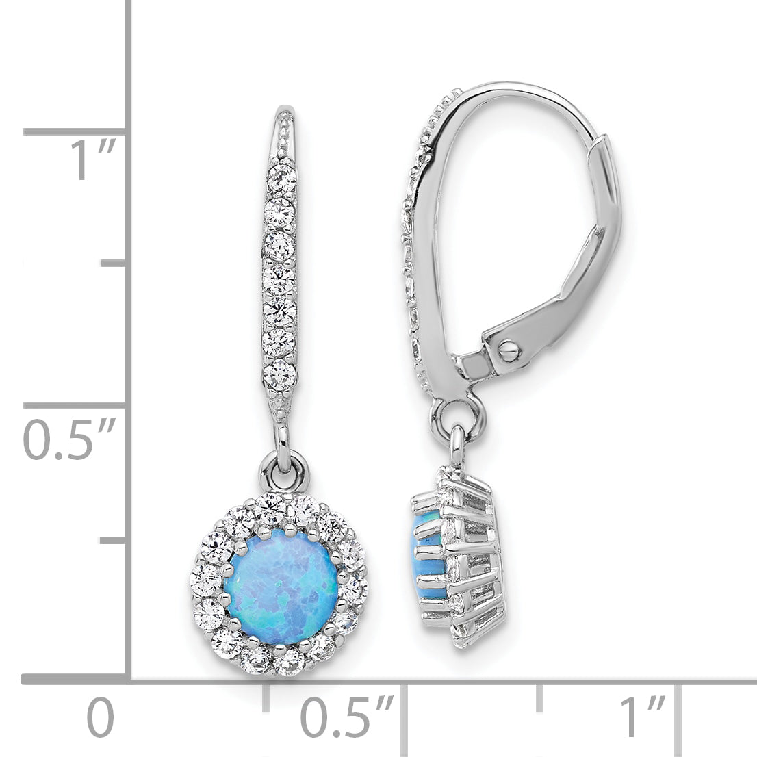 Sterling Silver RH-plated CZ & Blue Cr. Opal Halo Dangle Leverback Earrings