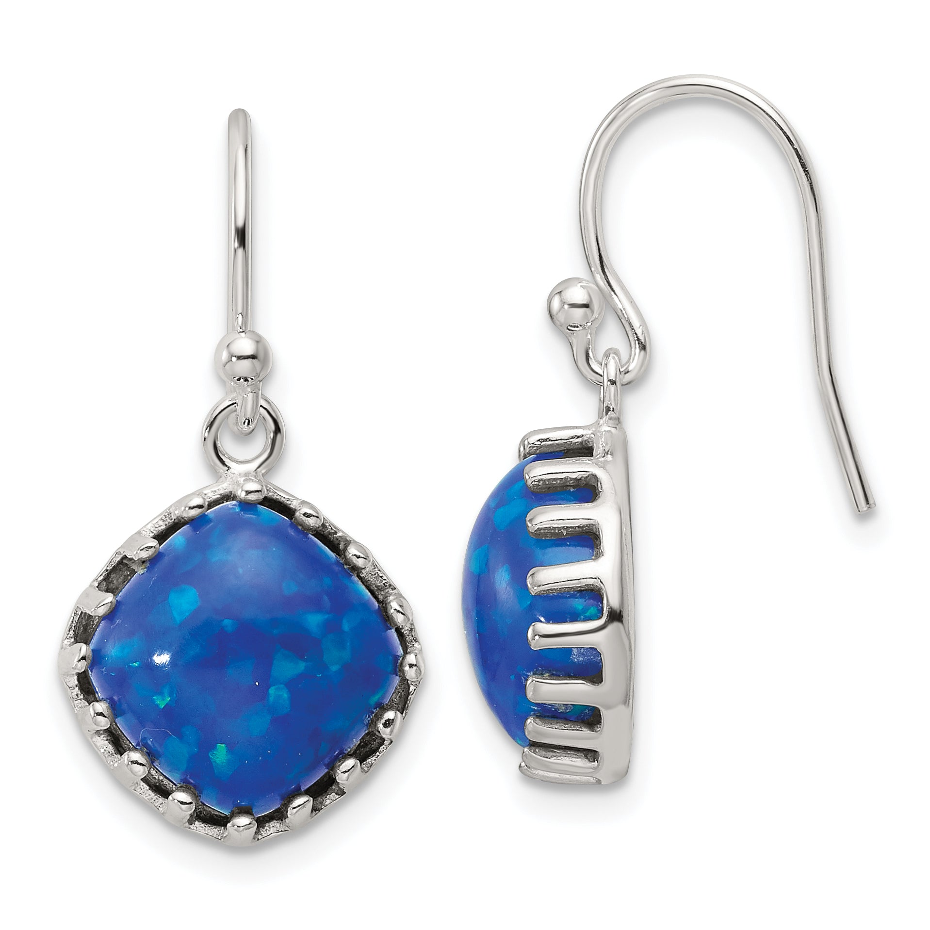 Sterling Silver Polished Blue Cabochon Opal Cushion Dangle Earrings Main image