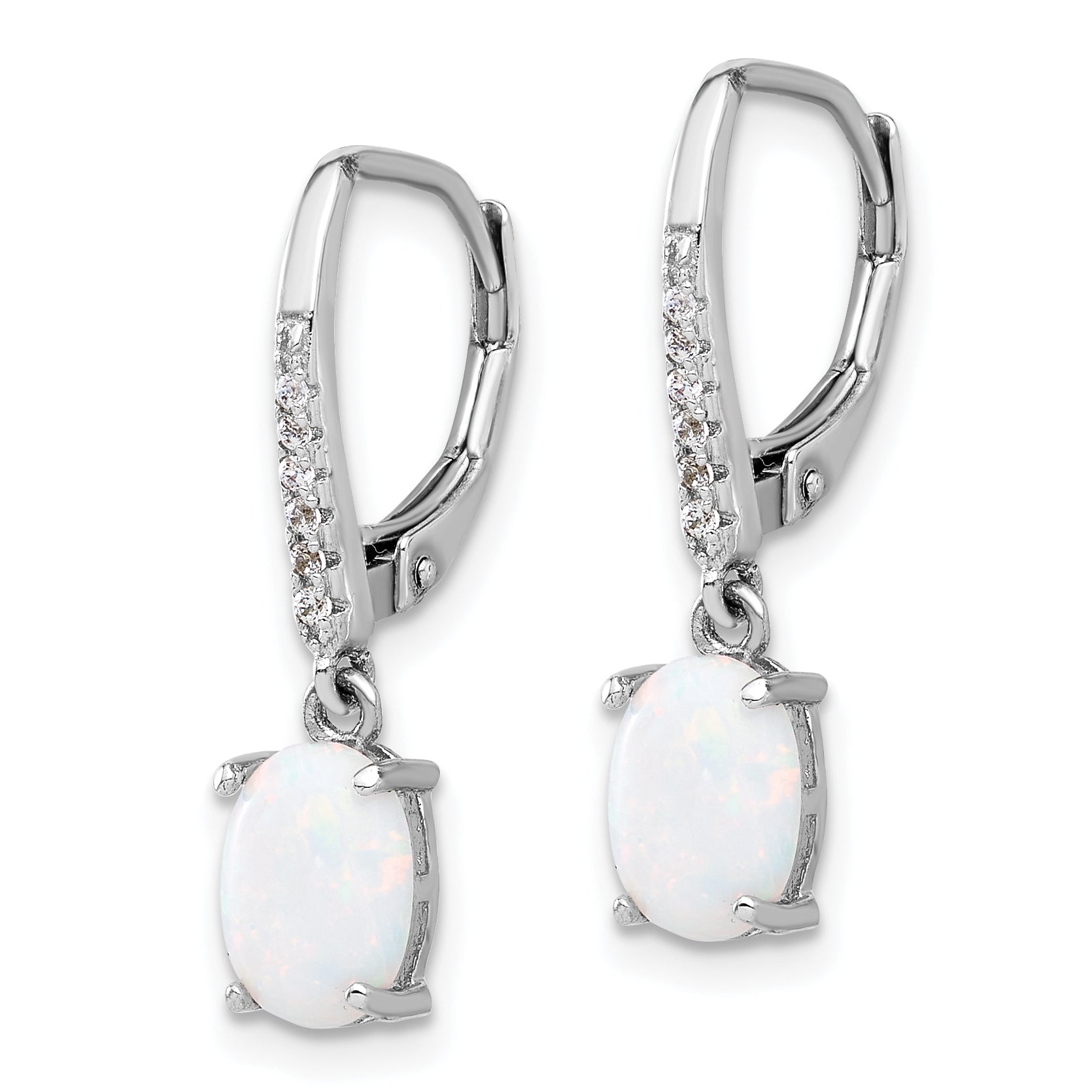 Sterling Silver RH-plated CZ & Oval Cr. Opal Leverback Dangle Earrings Secondary image