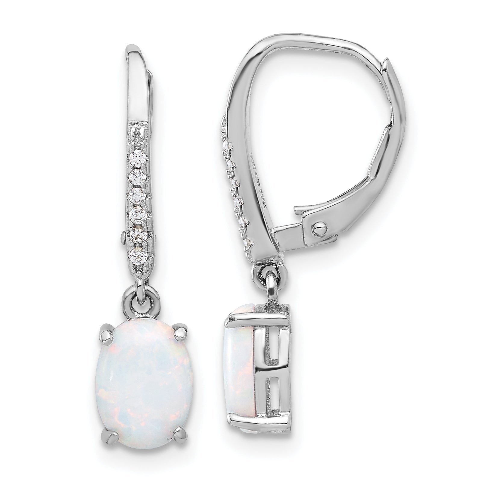 Sterling Silver RH-plated CZ & Oval Cr. Opal Leverback Dangle Earrings Main image