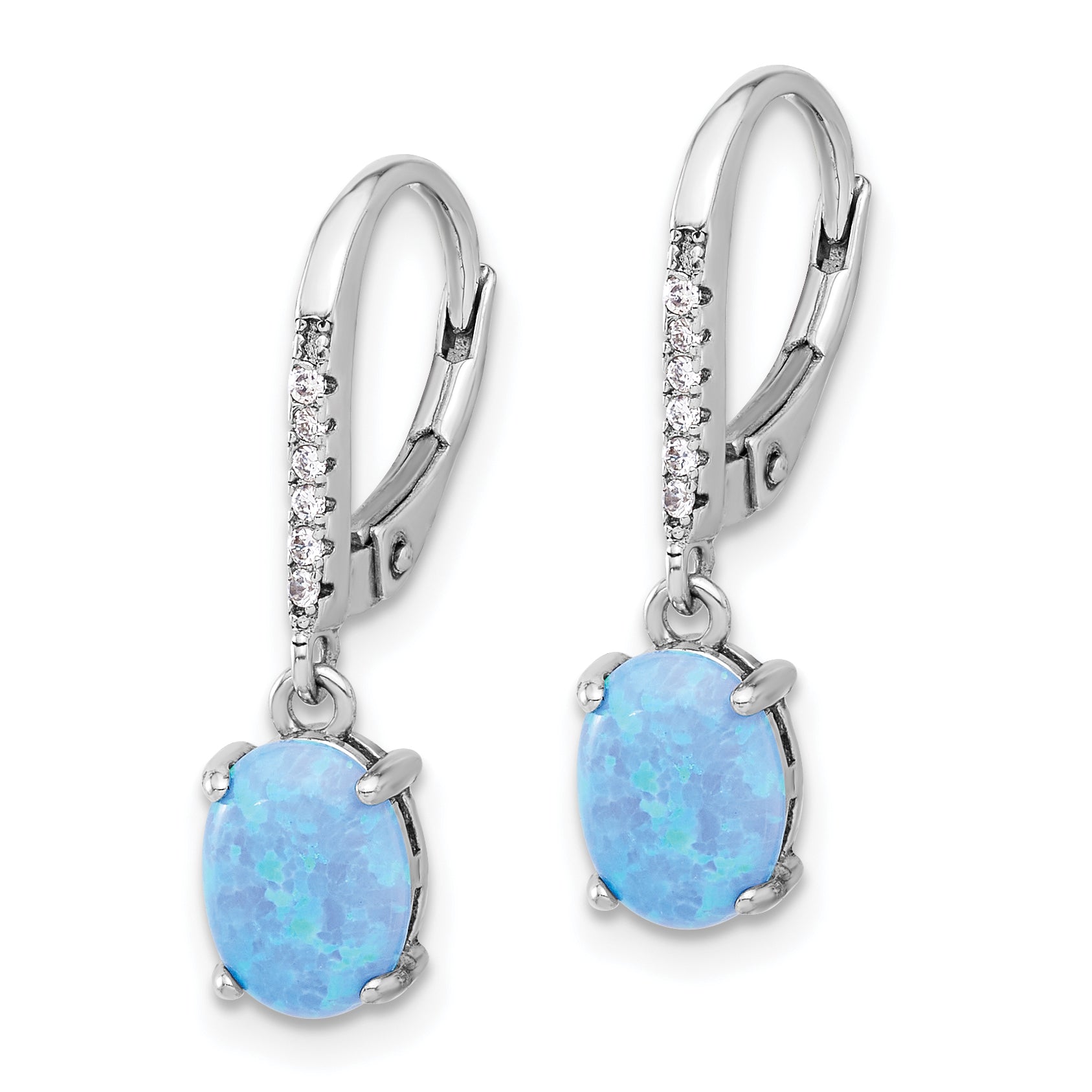 Sterling Silver RH-plated CZ & Oval Blue Cr. Opal Leverback Dangle Earrings Secondary image