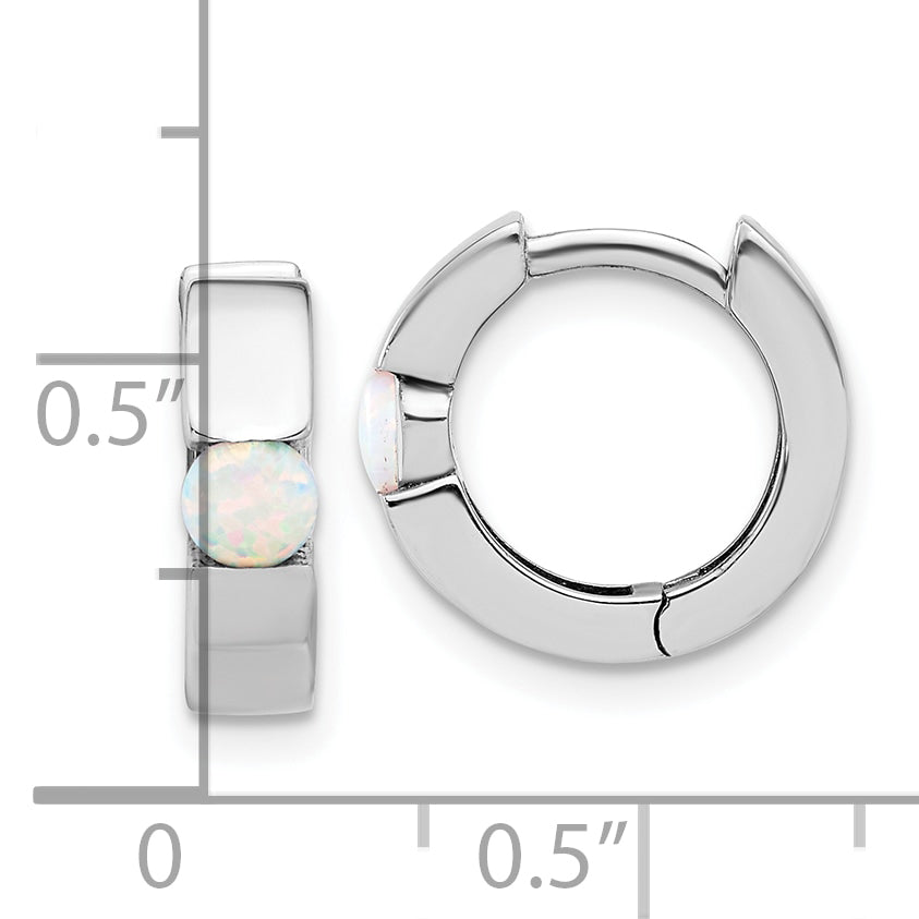 Sterling Silver RH-plated Polished Cr. Opal Hinged Round Hoop Earrings