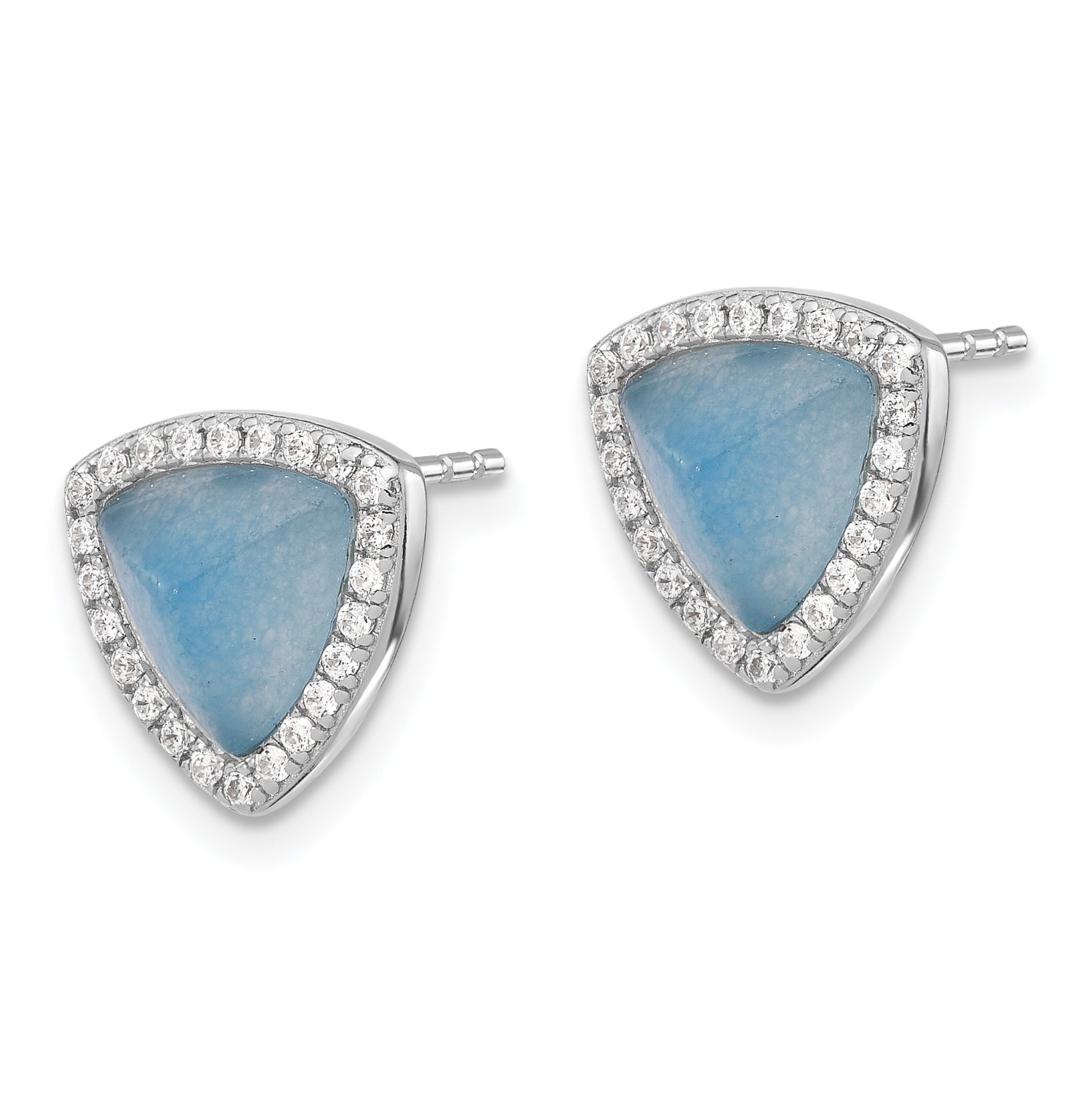 Sterling Silver Rhodium-plated CZ & Blue Chalcedony Triangle Post Earrings