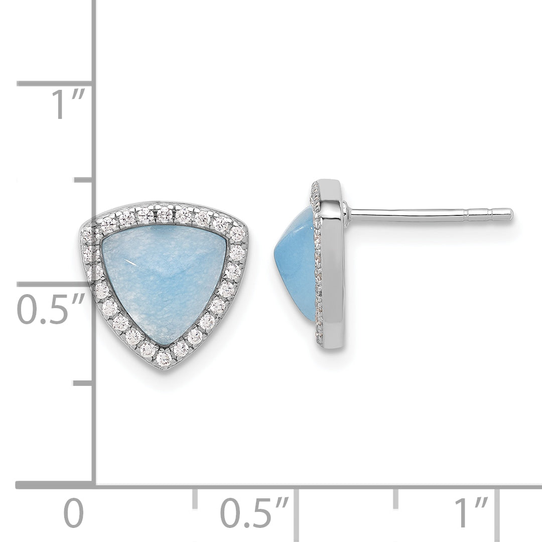 Sterling Silver Rhodium-plated CZ & Blue Chalcedony Triangle Post Earrings