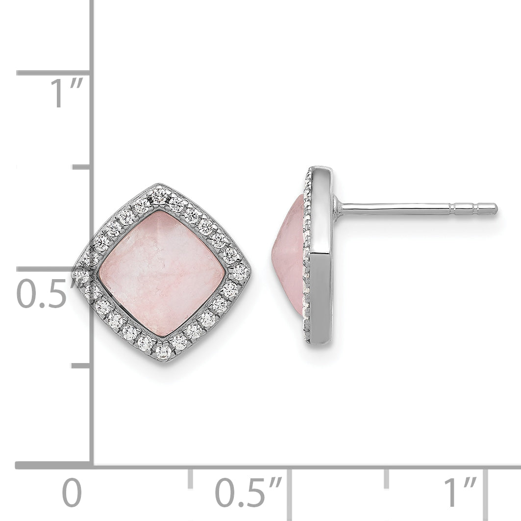 Sterling Silver Rhod-plated Polished CZ & Rose Quartz Square Post Earrings