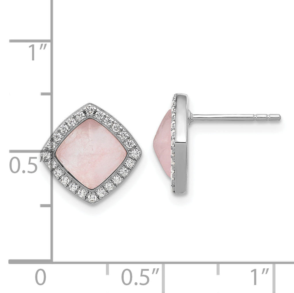 Sterling Silver Rhod-plated Polished CZ & Rose Quartz Square Post Earrings
