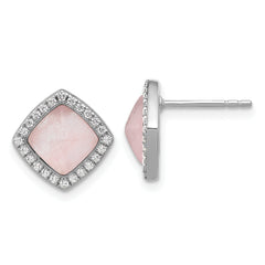 Sterling Silver Rhod-plated Polished CZ & Rose Quartz Square Post Earrings