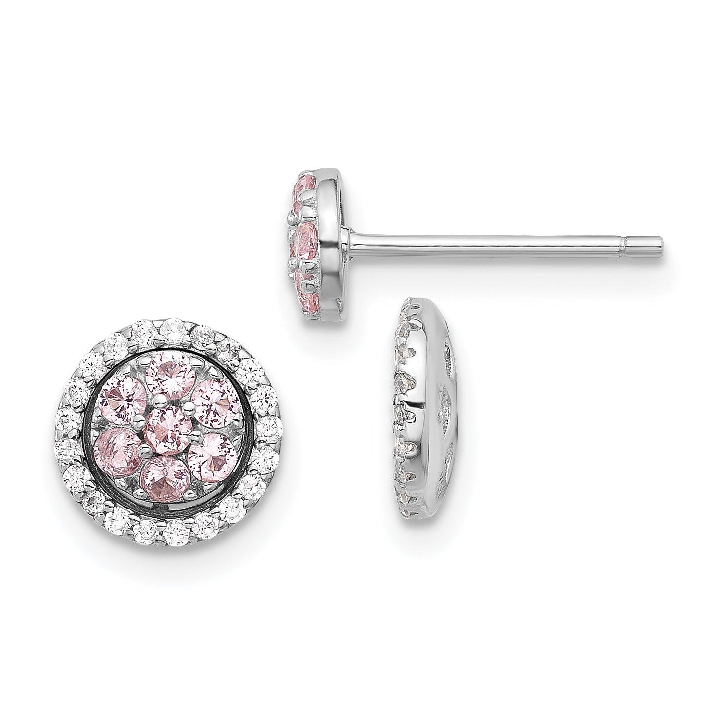 Sterling Silver RH-pltd Pink Crystal Cluster w/ CZ Halo Jacket Post Earring Main image
