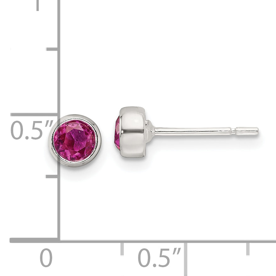 Sterling Silver Polished Pink CZ Round Bezel Stud Earrings