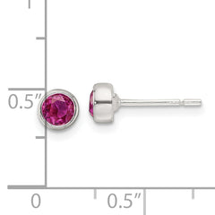 Sterling Silver Polished Pink CZ Round Bezel Stud Earrings