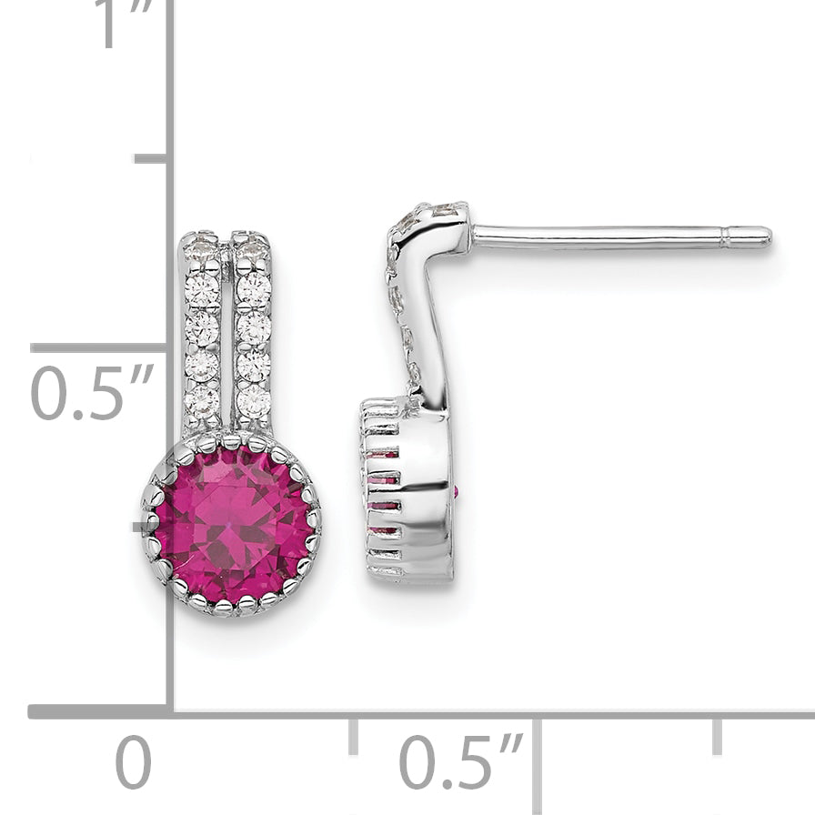 Sterling Silver RH-plated Polished Two Row Red & White CZ Post Earrings