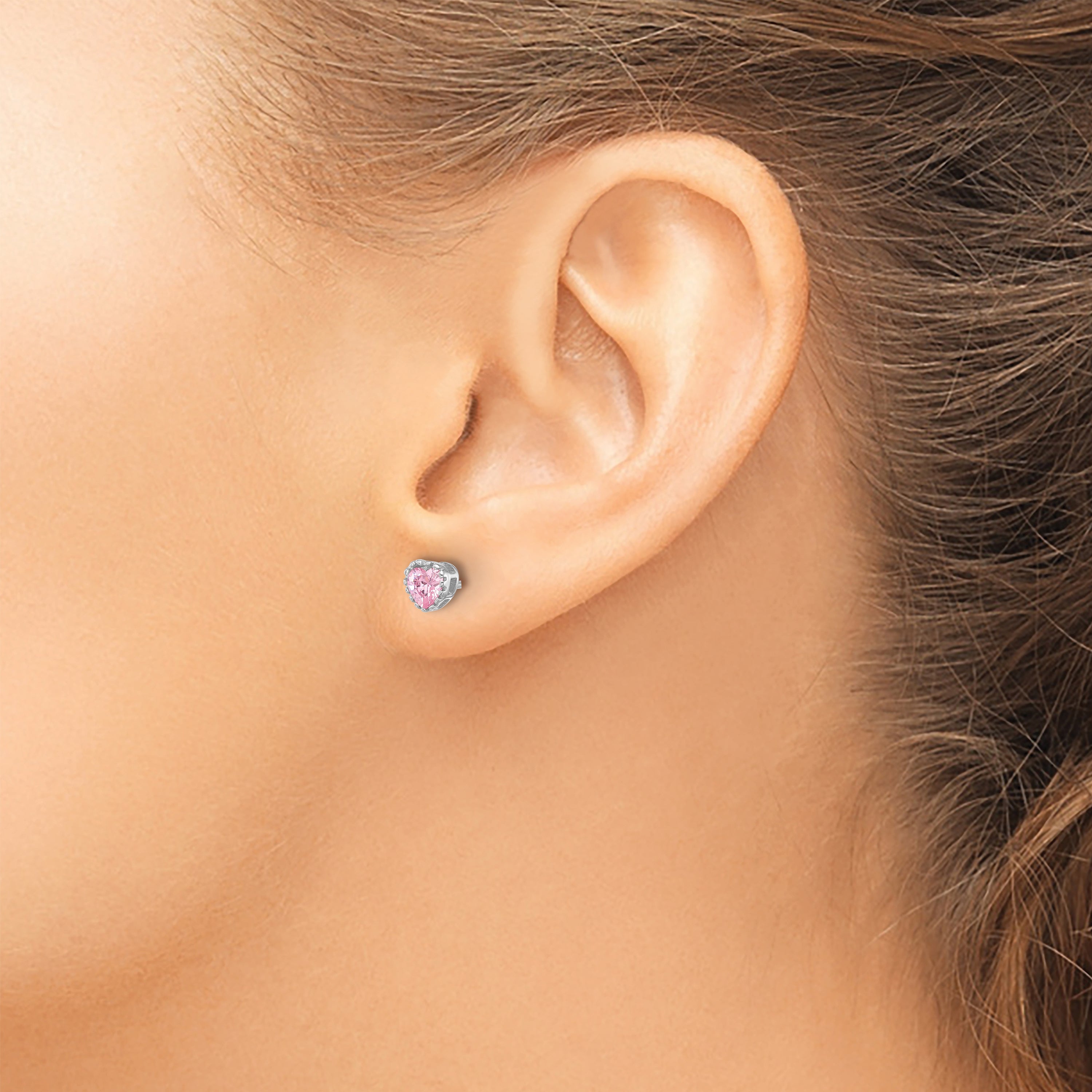 Sterling Silver Rhodium-plated Pink CZ Heart Post Earrings