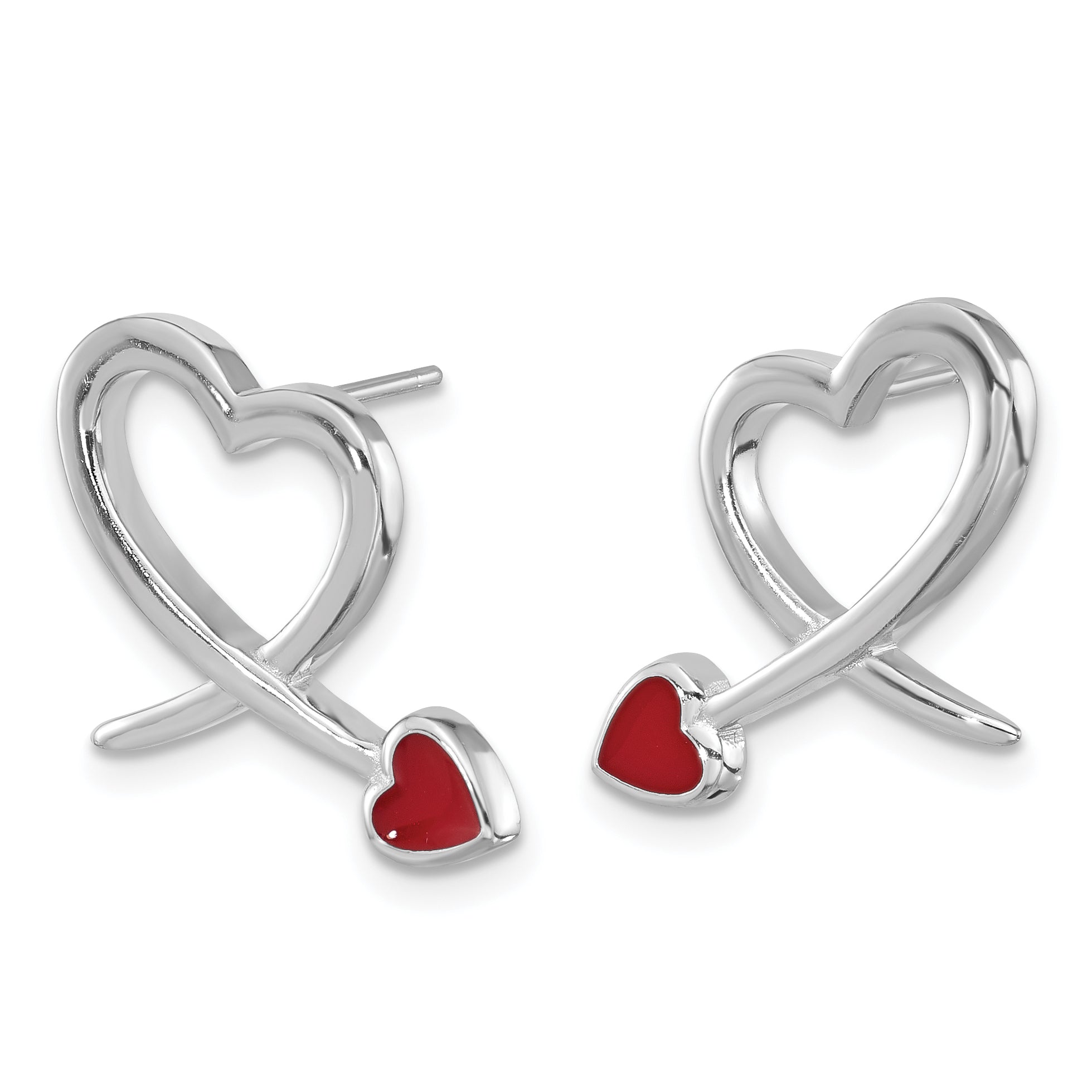 Sterling Silver Rhodium-plated Polished Red Resin Open Heart Post Earrings Secondary image