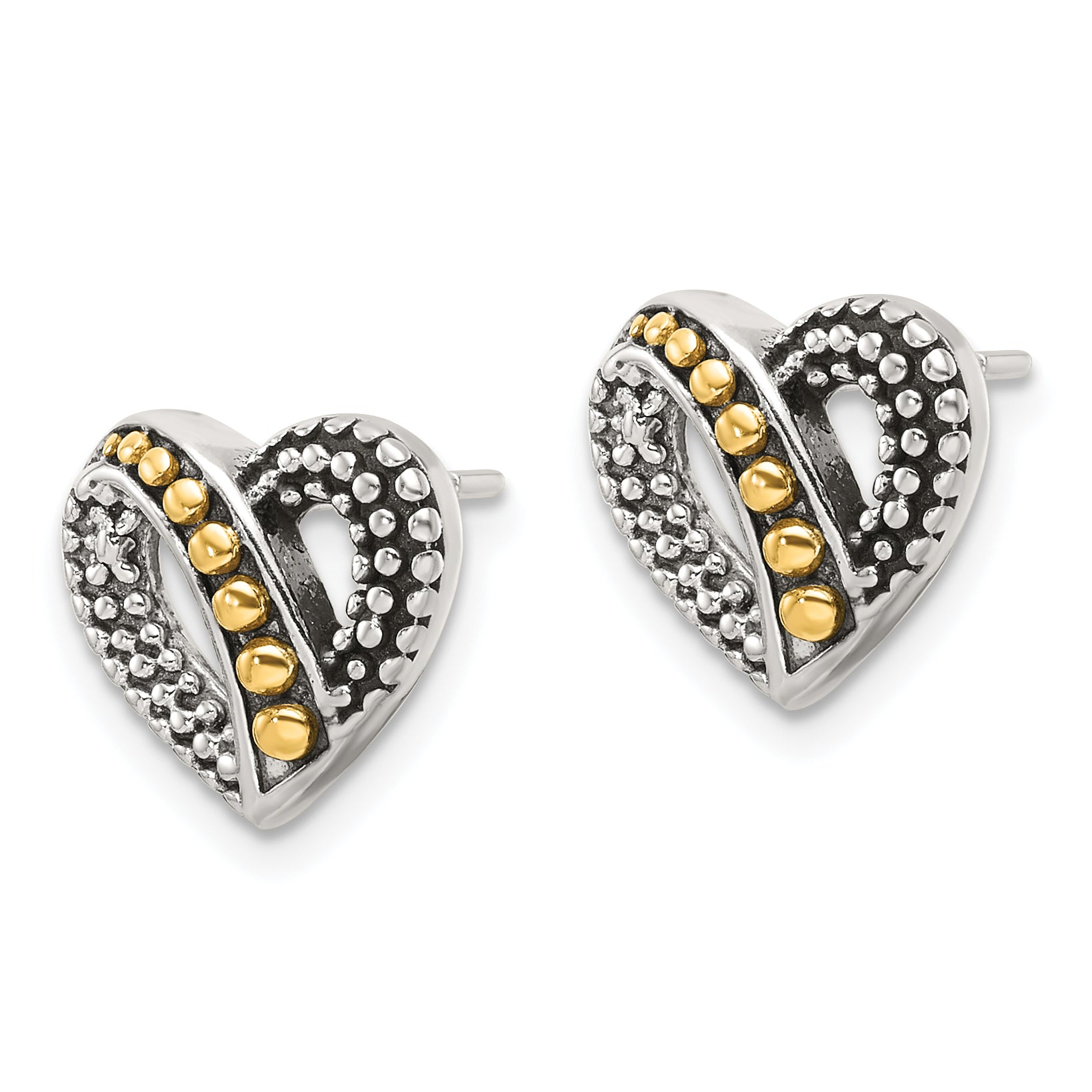 Sterling Silver Gold-tone Antiqued & Beaded Heart Earrings Secondary image