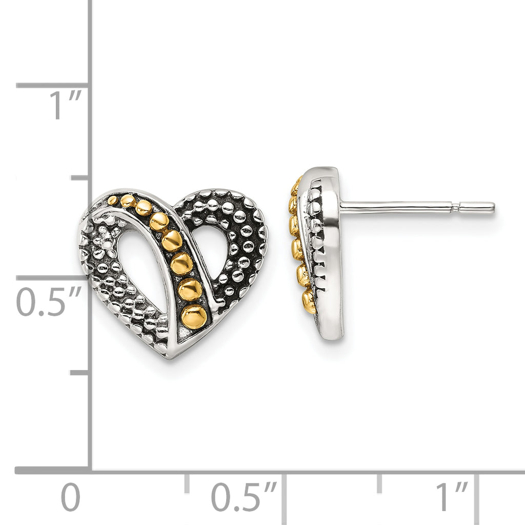 Sterling Silver Gold-tone Antiqued & Beaded Heart Earrings