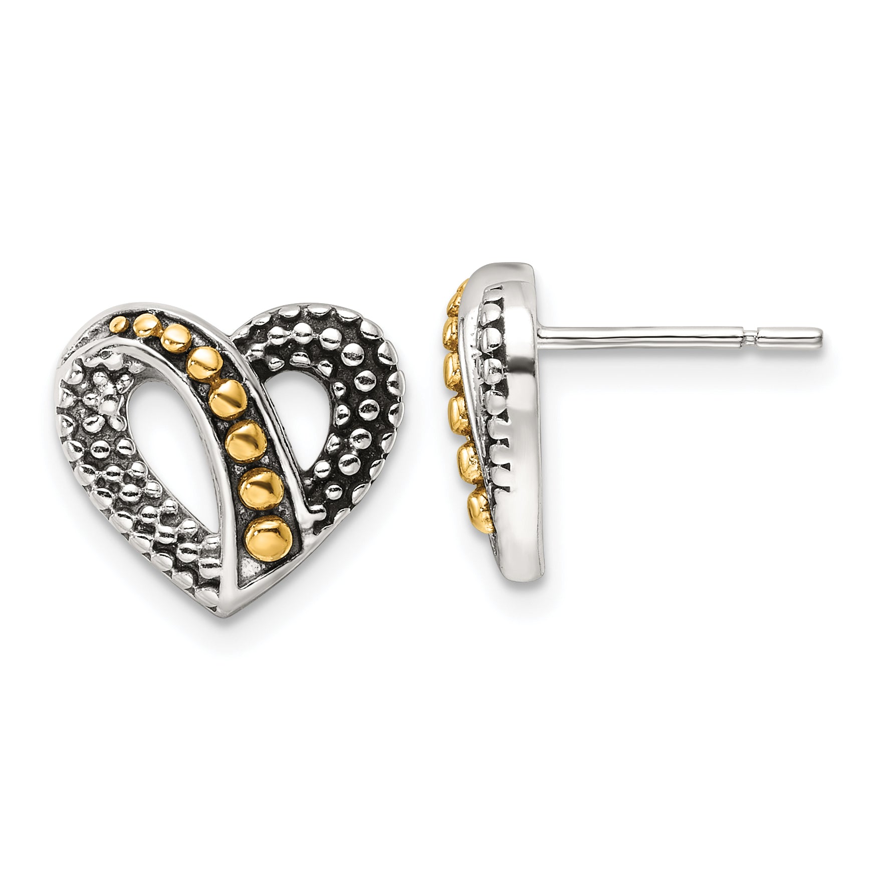 Sterling Silver Gold-tone Antiqued & Beaded Heart Earrings Main image