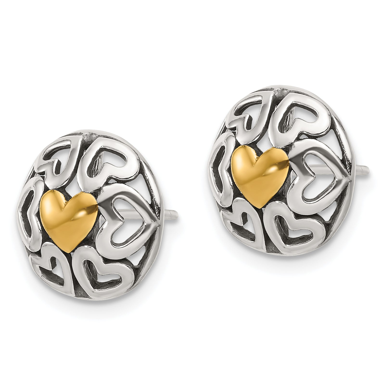 Sterling Silver Gold-tone Polished & Antiqued Heart Circle Post Earrings Secondary image
