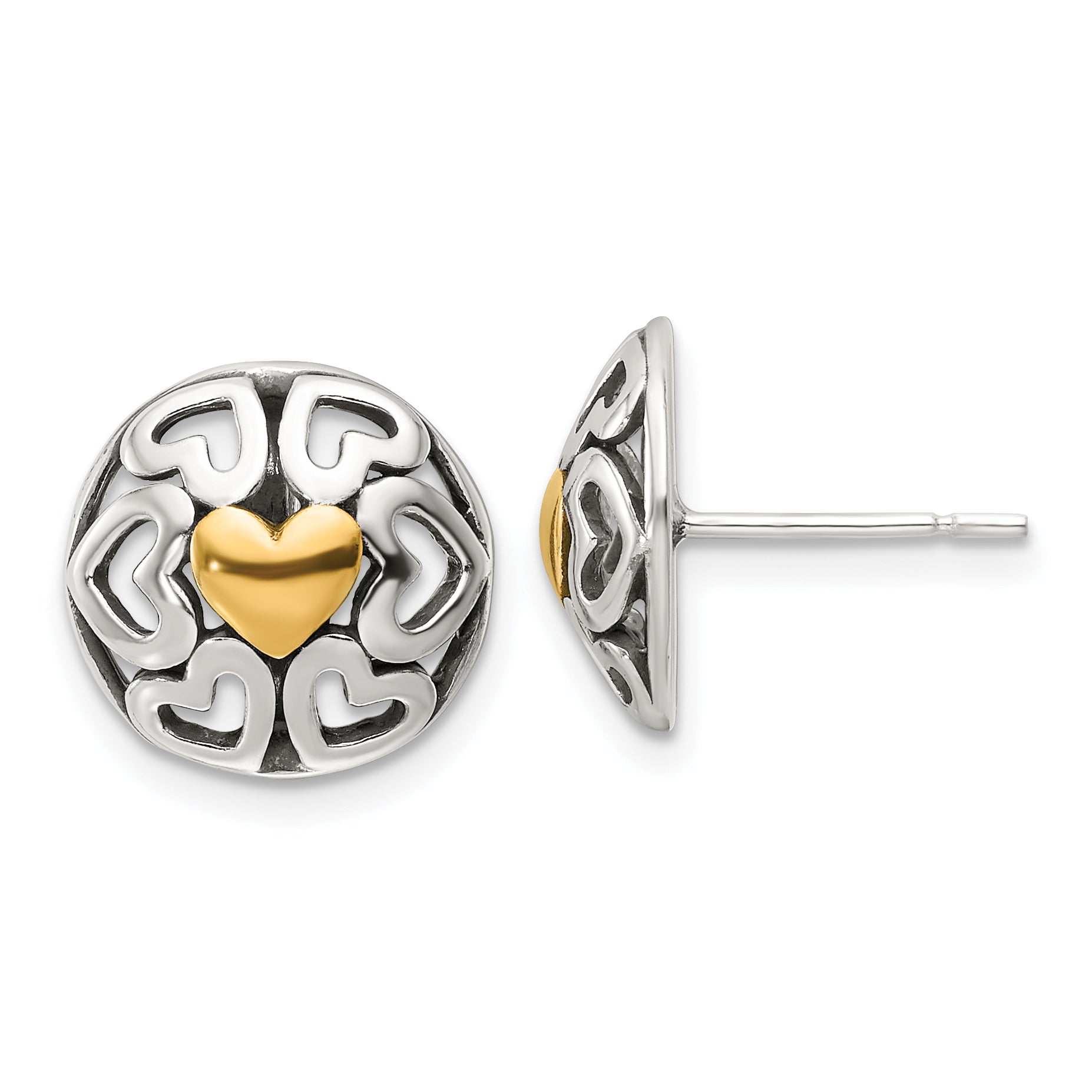 Sterling Silver Gold-tone Polished & Antiqued Heart Circle Post Earrings Main image