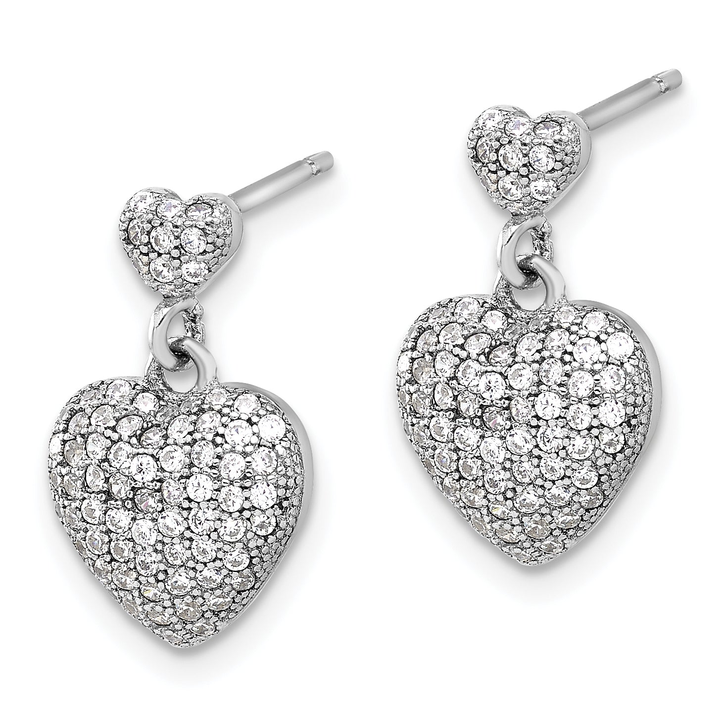 Sterling Silver Rhodium-plated Pave CZ Heart Dangle Post Earrings Secondary image