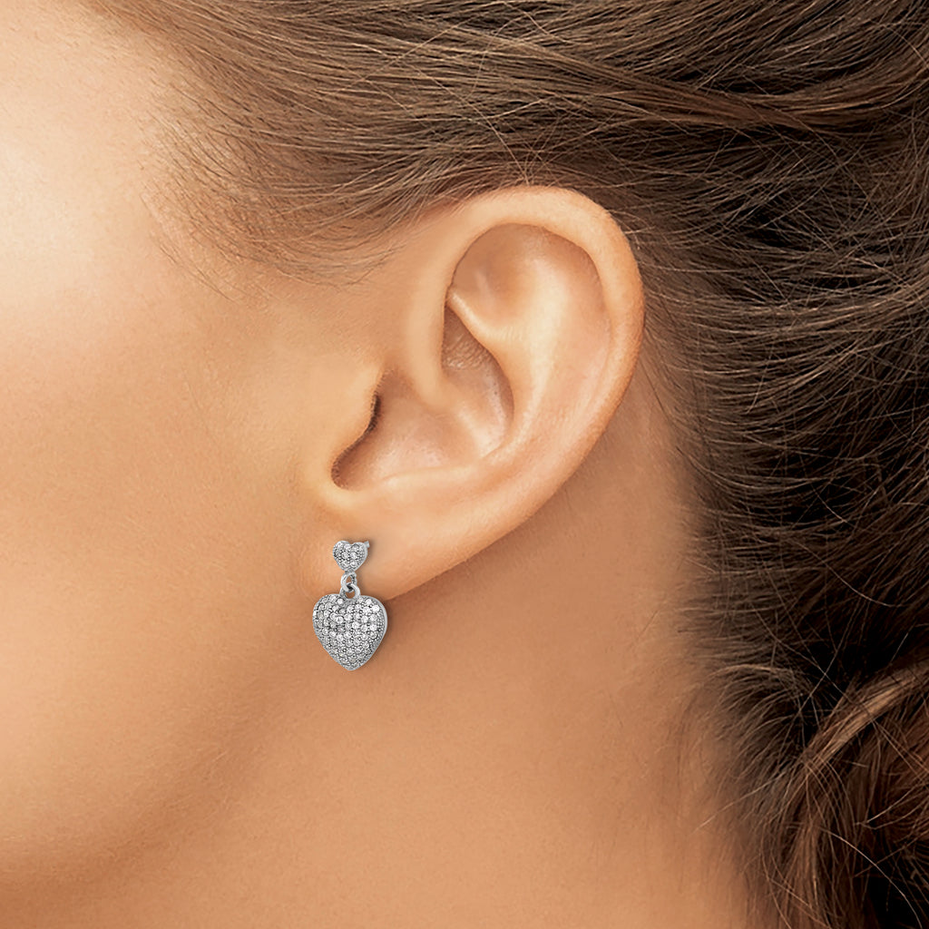 Sterling Silver Rhodium-plated Pave CZ Heart Dangle Post Earrings