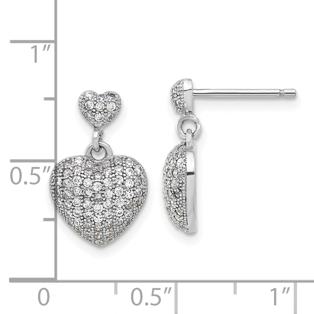Sterling Silver Rhodium-plated Pave CZ Heart Dangle Post Earrings
