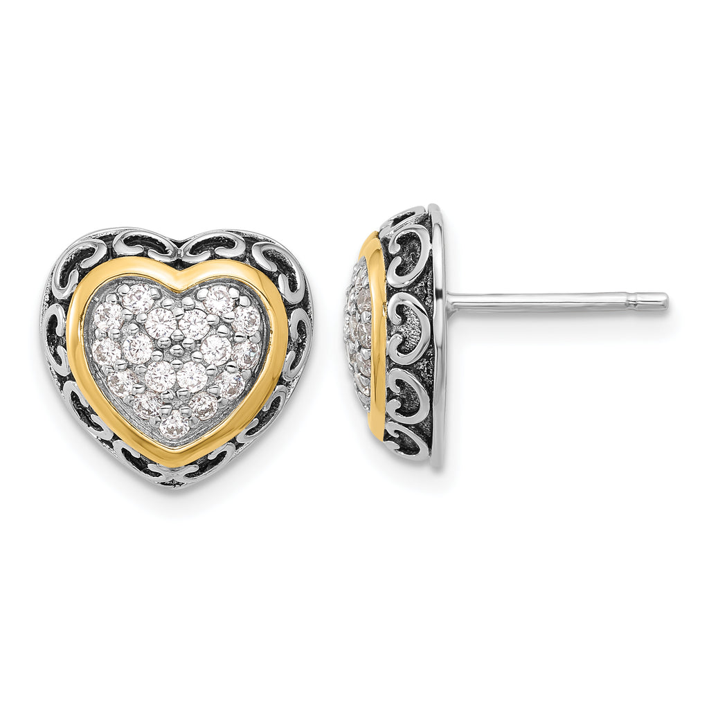 Sterling Silver Rh-plated  w/14k accent CZ Cluster Heart Post Earrings