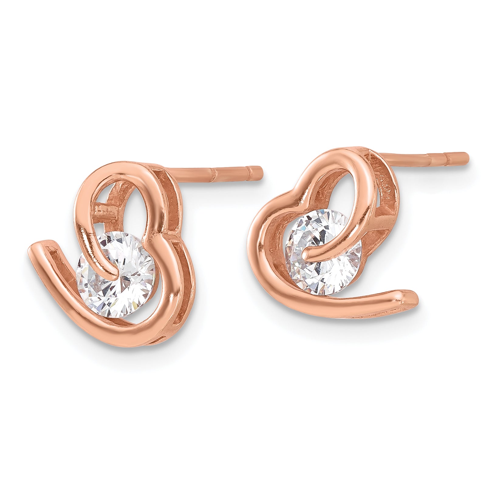 Sterling Silver Rose Tone Heart and CZ Post Earrings Secondary image