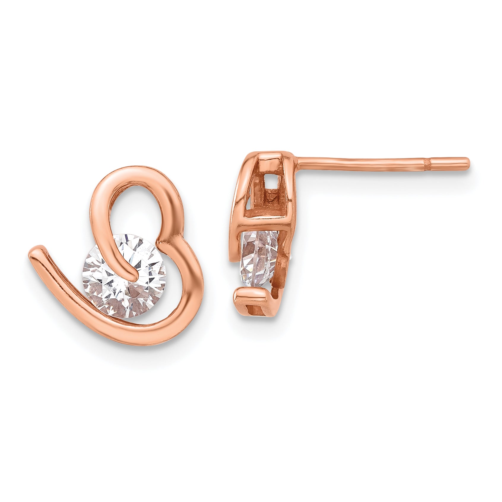 Sterling Silver Rose Tone Heart and CZ Post Earrings Main image