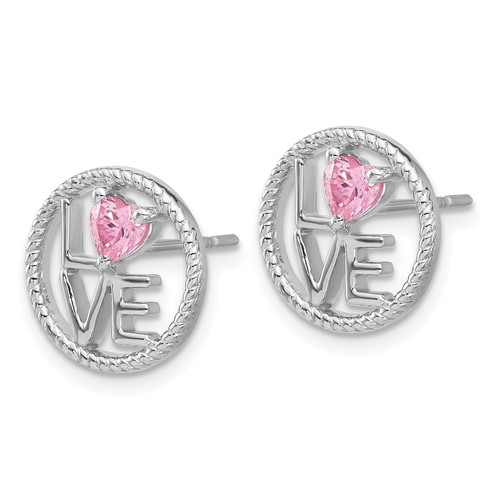 Sterling Silver Rhodium-plated LOVE Pink CZ Post Earrings Secondary image